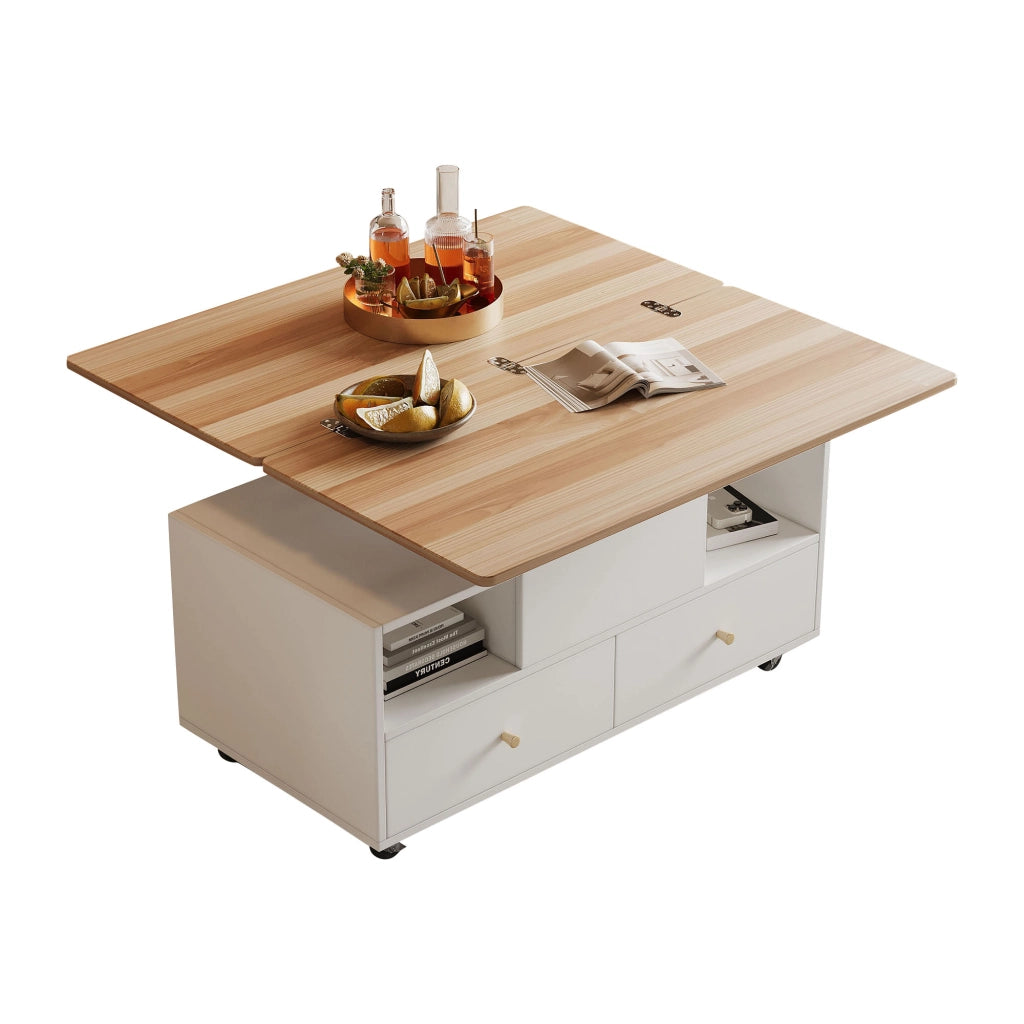 Tavolino da Salotto Alzabile con Piano Ribaltabile; 4 Cassetti e Ruote con Freno; in MDF; 100×50×47;5 cm; Legno Naturale