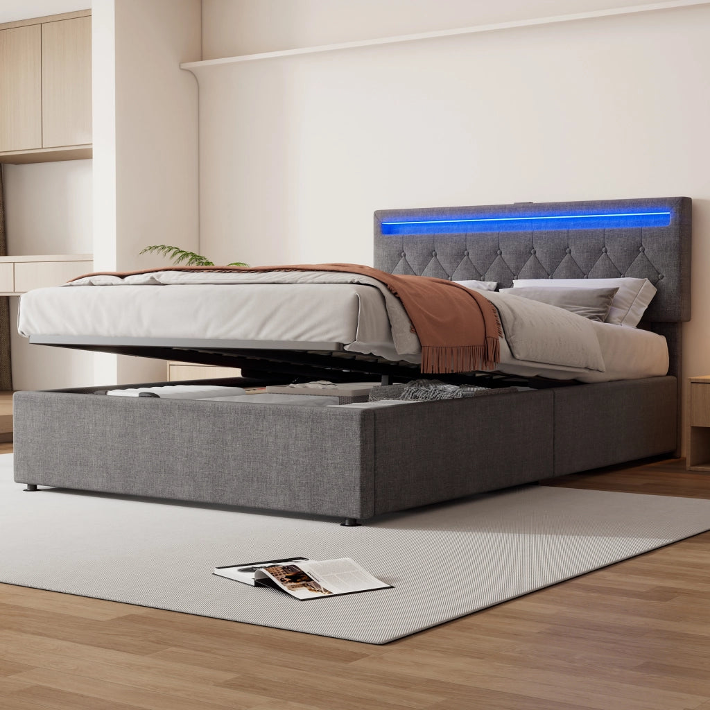 Letto Contenitore 140x200 cm; Letto Matrimoniale - USB; Type-C; LED Regolabile - Grigio