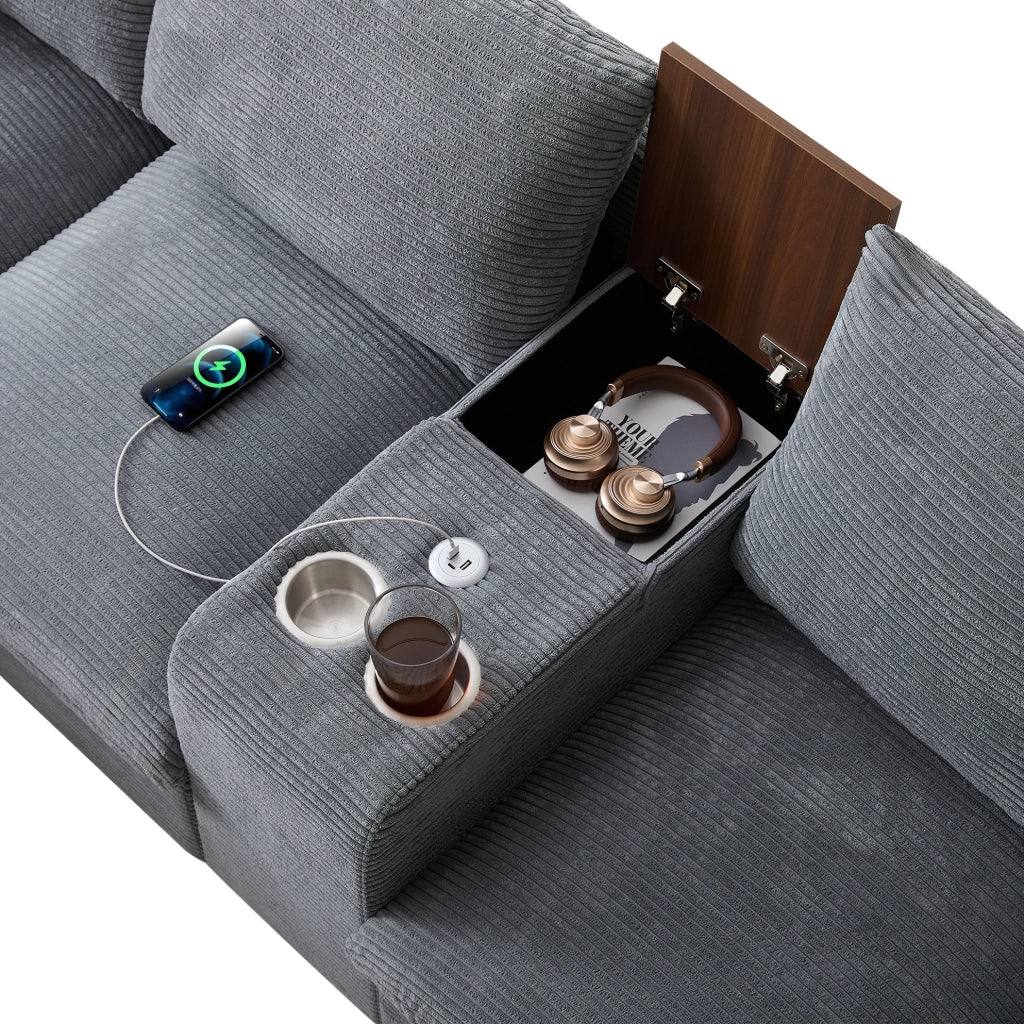 Divano angolare modulare con pouf contenitore; console con 2 USB e portabicchieri; corduroy grigio