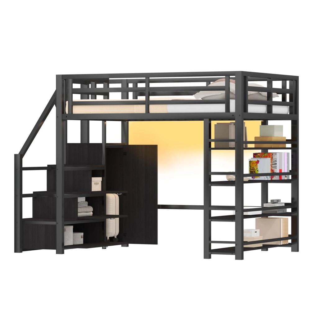 Letto a soppalco 140x200 cm in metallo con armadio e LED