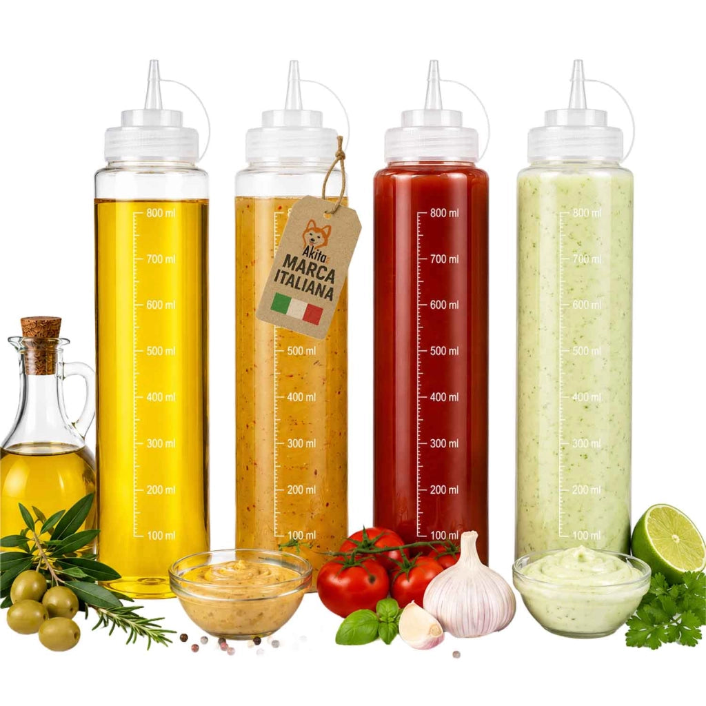 Akitaink Set 4 Bottiglie Squeeze per Salse 800 ml Dosatrici