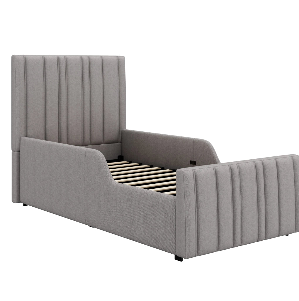 Letto imbottito 90x200 cm con contenitore e testiera trapuntata in lino grigio