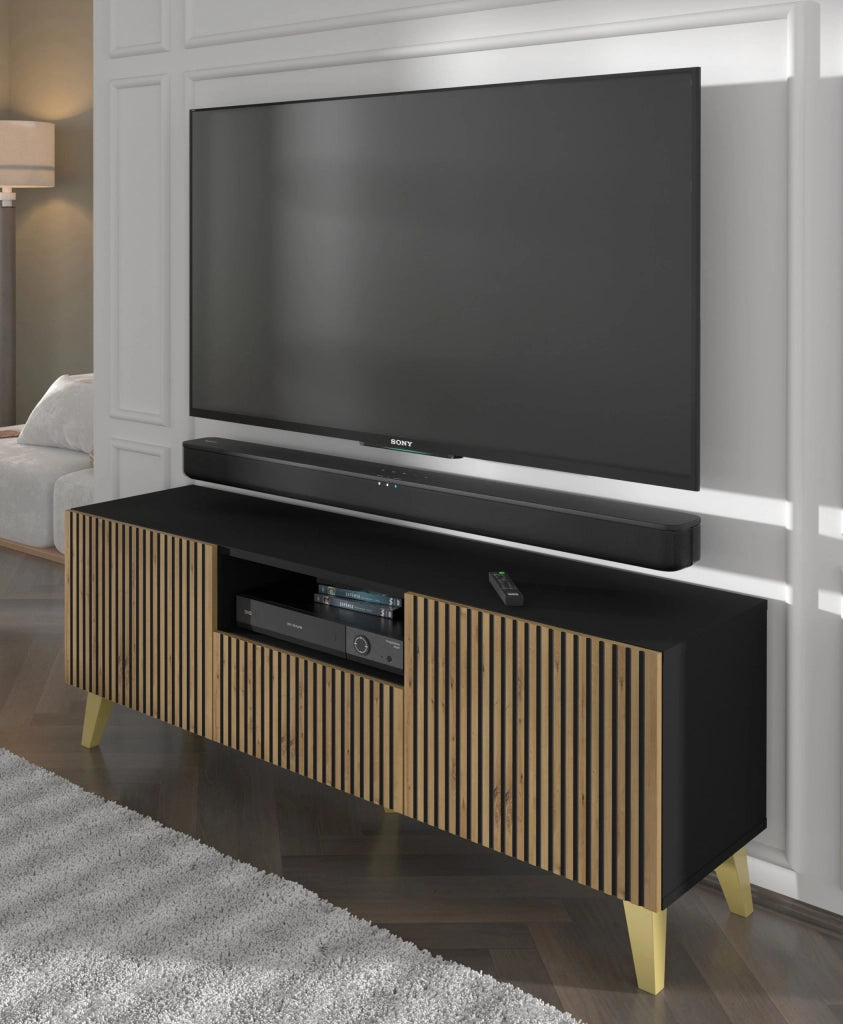 MOBILE RAVENNA P PORTA TV IN MDF VERNICIATO 150 2D1S ROVERE ARTIGIANALE NERO GAMBE ORO