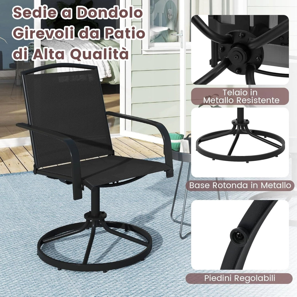 Set di 2 Sedie da Patio Girevoli, Poltrone a Dondolo in Rete a 360° con Schienale Alto e Base Rotonda in Metallo, Sedia a Dondolo Robuste per Giardino Balcone, Portata 150 kg (Nero)
