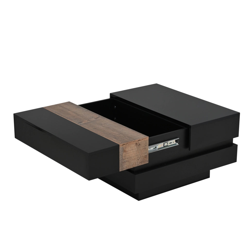 Tavolino da caffè 70x70x39 cm con piano estraibile e contenitore nascosto in MDF nero