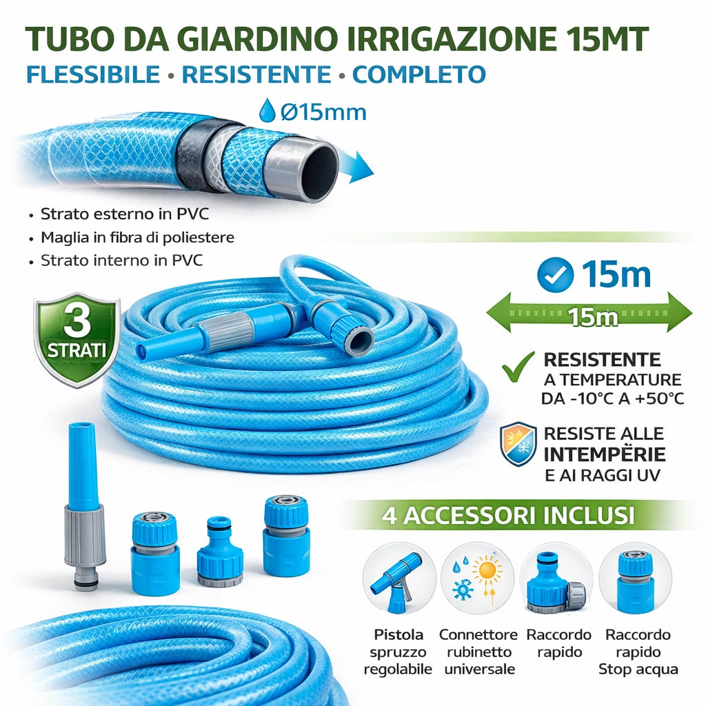 Tubo da Giardino Irrigazione 15MT Diametro 15mm 3 Strati Pvc con 4 Accessori
