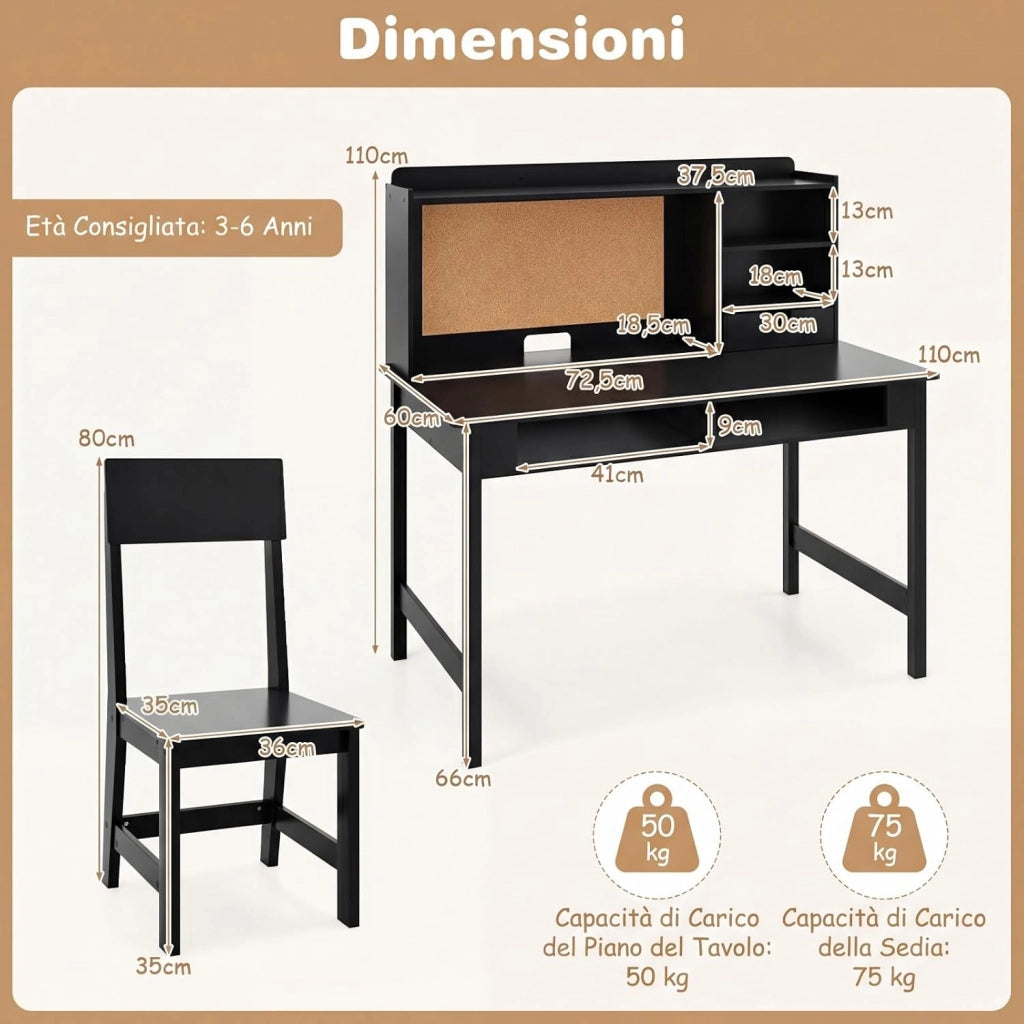Set Scrivania e Sedia per Bambini, Tavolo per Studenti in Legno con Bacheca in Sughero, Cassetto, Pensile con Ripiani Aperti, Postazione Computer per Bambini per Studio e Lettura (Nero)