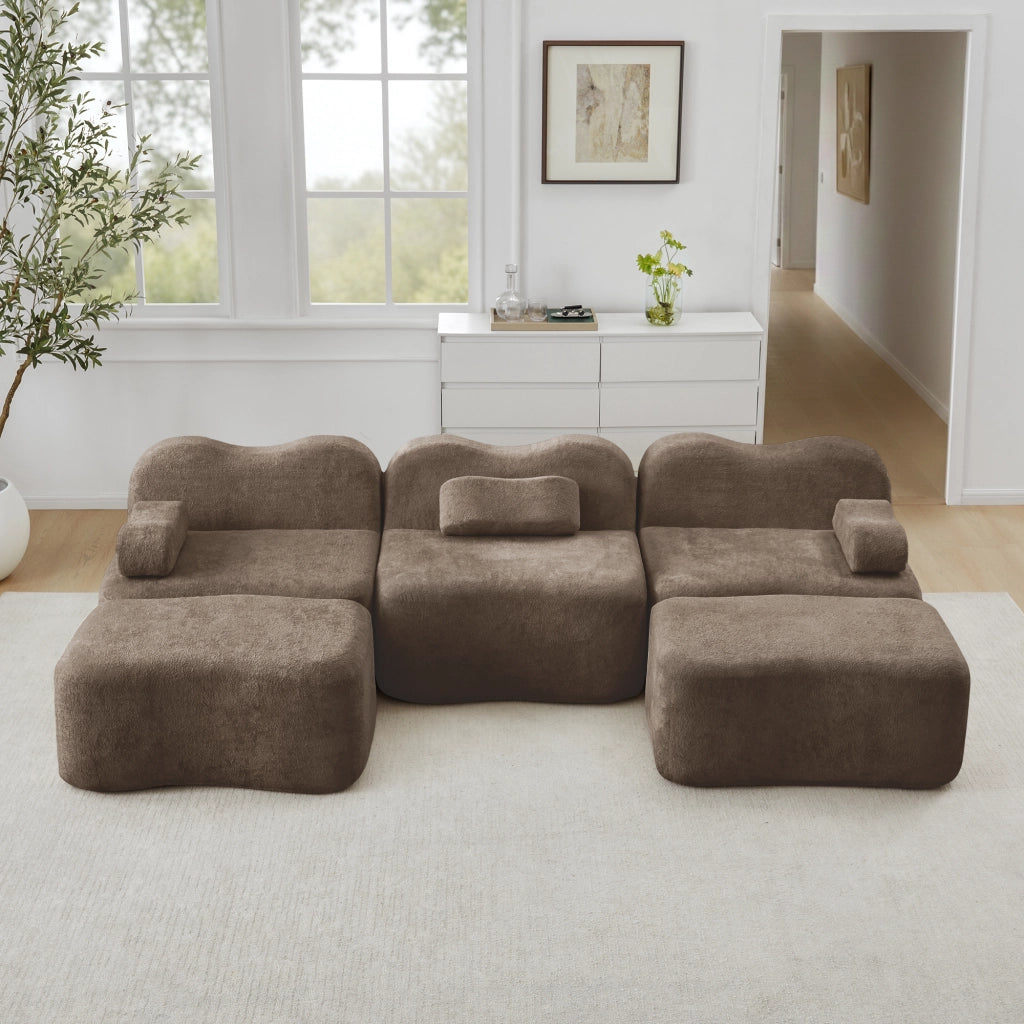 Divano modulare angolare a U con 2 pouf; imbottitura in schiuma 32D; velluto marrone