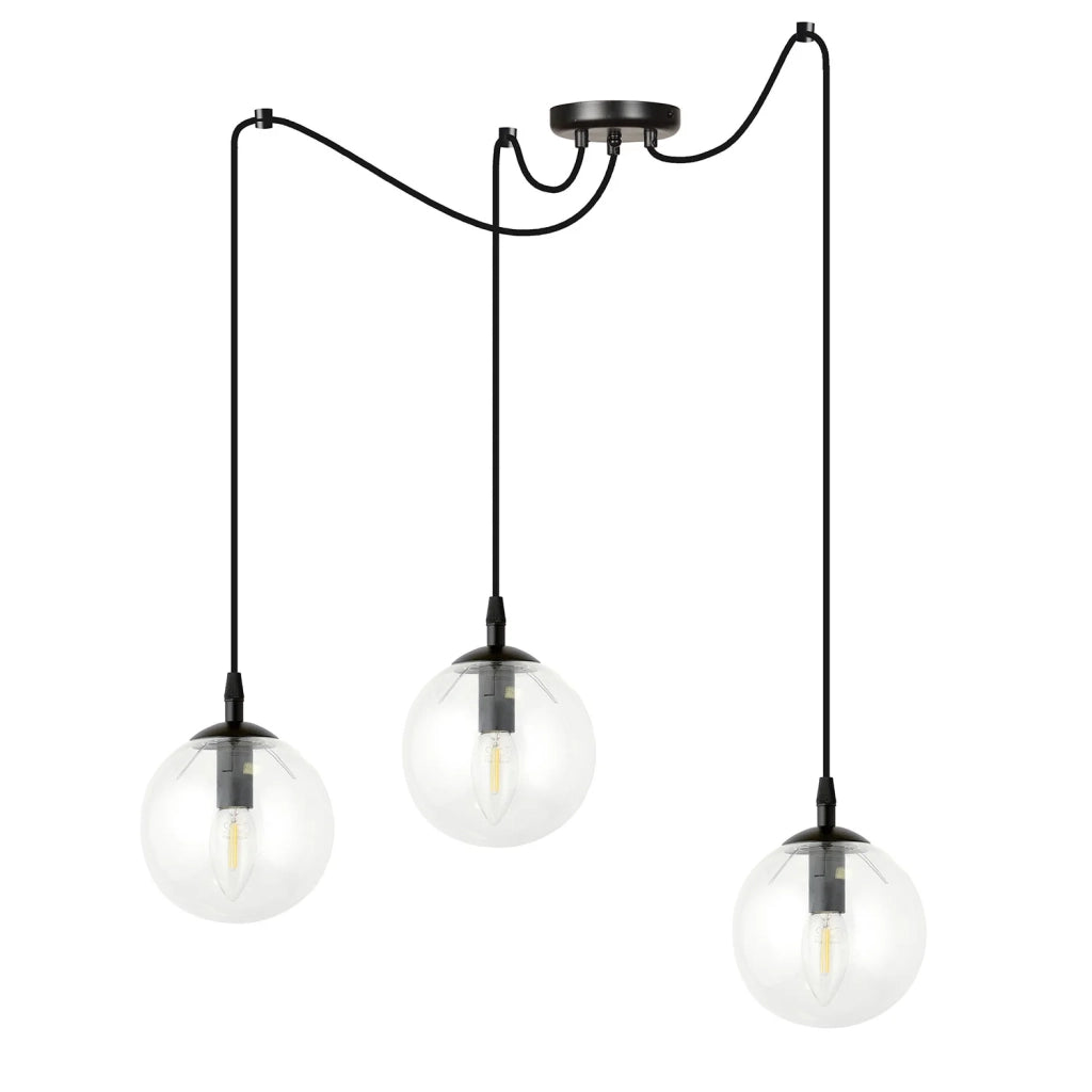 Lampadario 3 Luci Ginevra In Acciaio Nero Con Cavo Lungo E Vetri Trasparente
