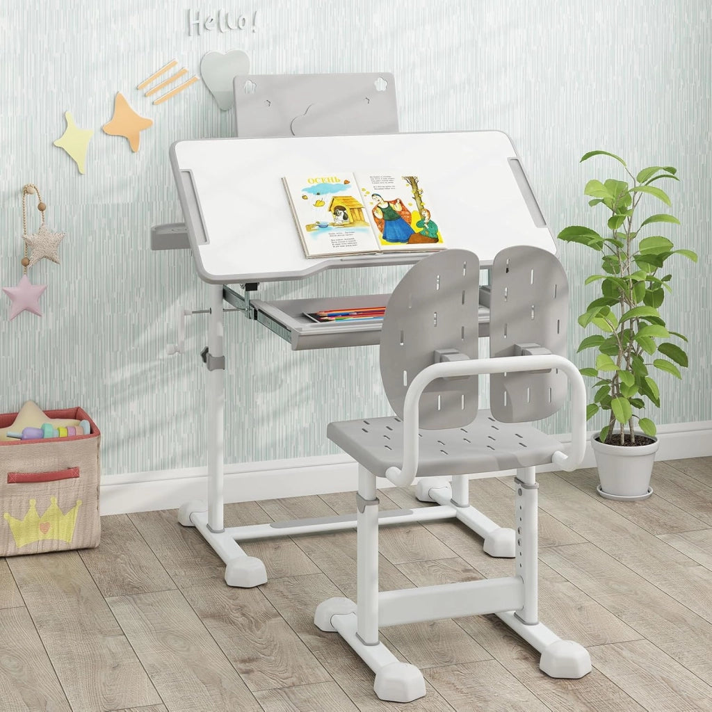 Set di Scrivania e Sedia per Bambini con Altezza Regolabile, Grigio | Banco Scuola con Piano Inclinabile, Supporto per Libri, Barra Poggiapiedi e Sedia Ergonomica per Scuola, Ufficio e Cameretta