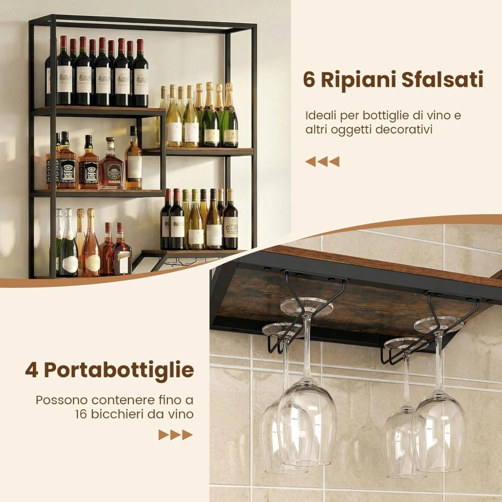Portabottiglie da Parete, Portabottiglie di Vino Industriale in Metallo e Legno con 6 Mensole a Doppio Lato, Espositore Cantinetta Sospeso per Bar, Cucina e Ristorante, 102 x 30 x 112 cm