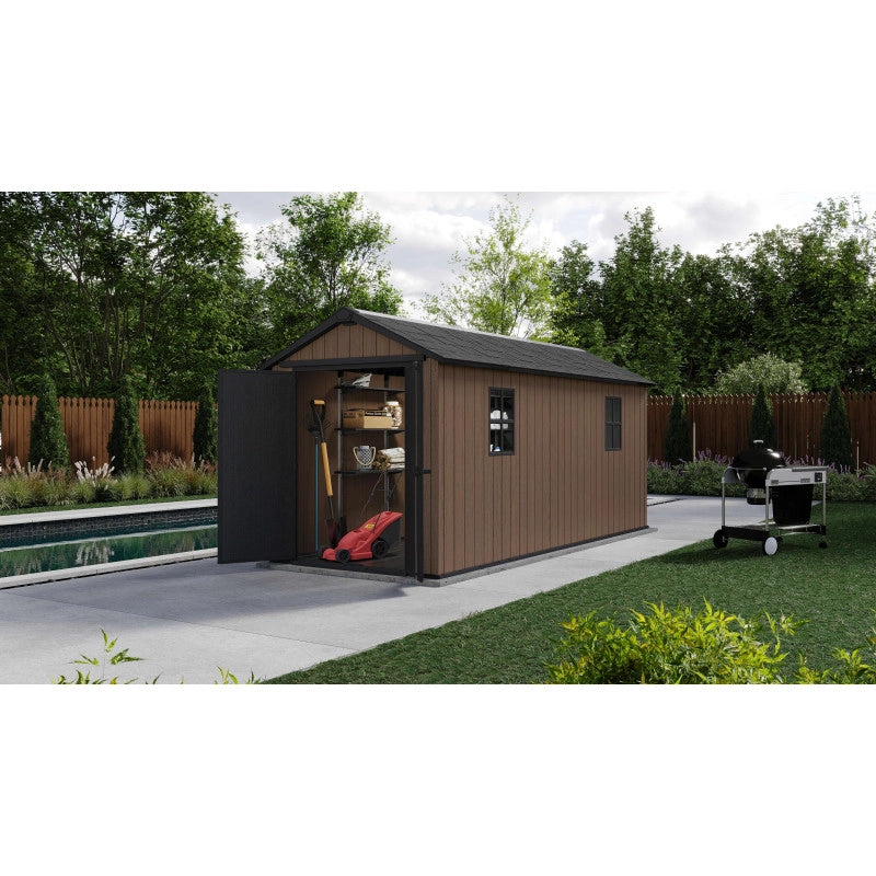 Casetta da giardino in resina EVOTECH+ 476x230 cm - con pavimento e doppia porta - carico neve 150 kg/m² – Newton Plus 7515/1575 - Marrone - Keter