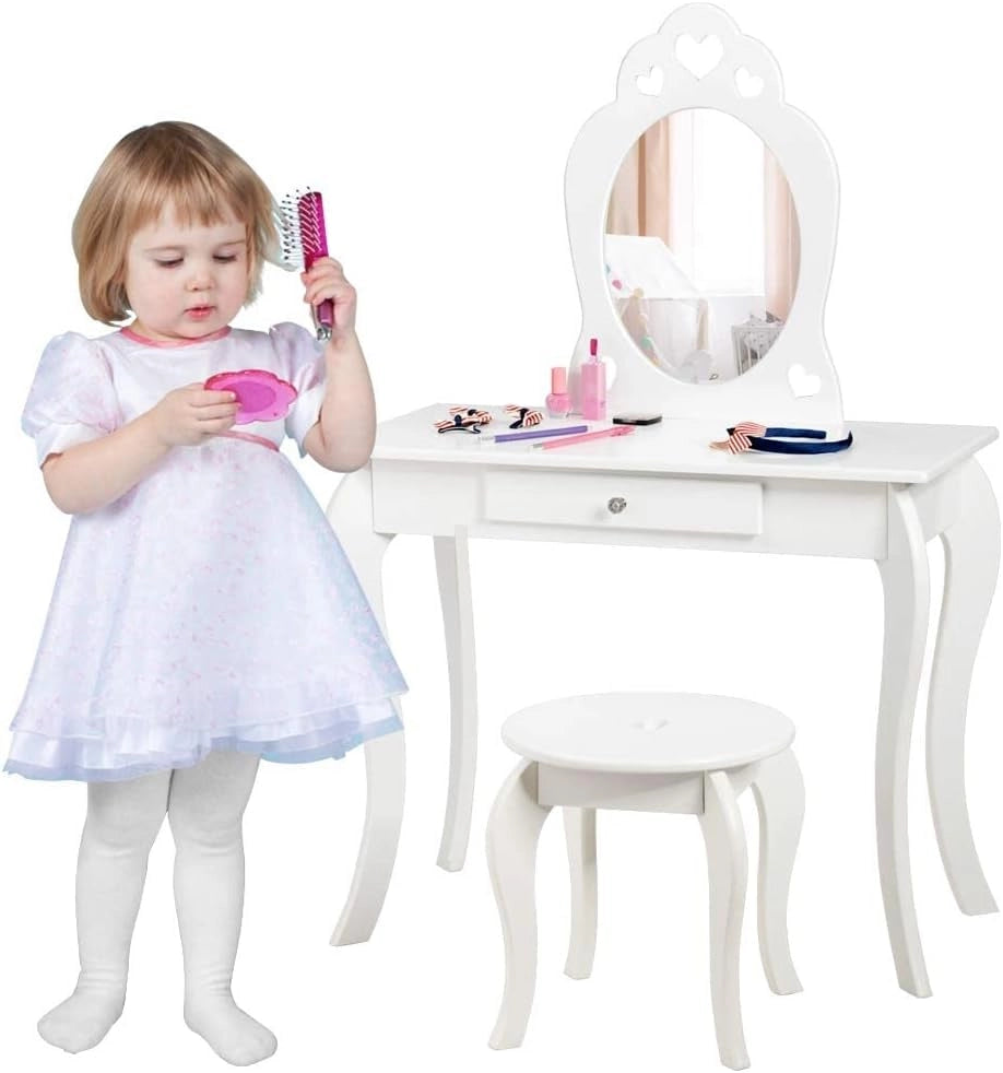 Specchiera Toeletta per Bambini, Set di Tavolo e Sgabello Giocattolo da Trucco in Legno con Cassetto e Specchio Rimovibile, Moderno e Multiuso, 70x34x105cm Bianca