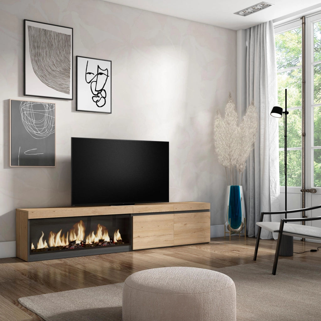 Mobile TV Soggiorno, 208x35x45cm, Per TV fino a 80", Camino elettrico XXL, colore Rovere RF3273