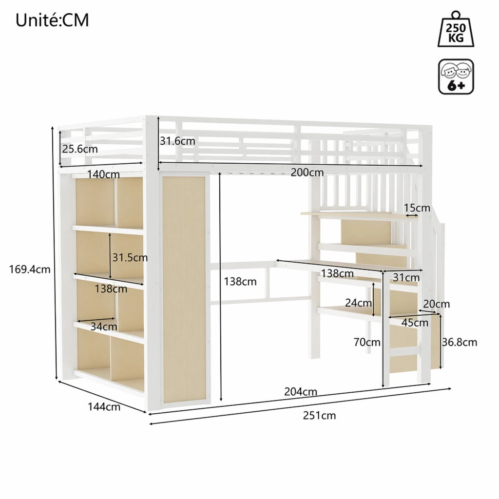 LETTO a soppalco 140x200 cm Metallo Bianco con scrivania e scala contenitore