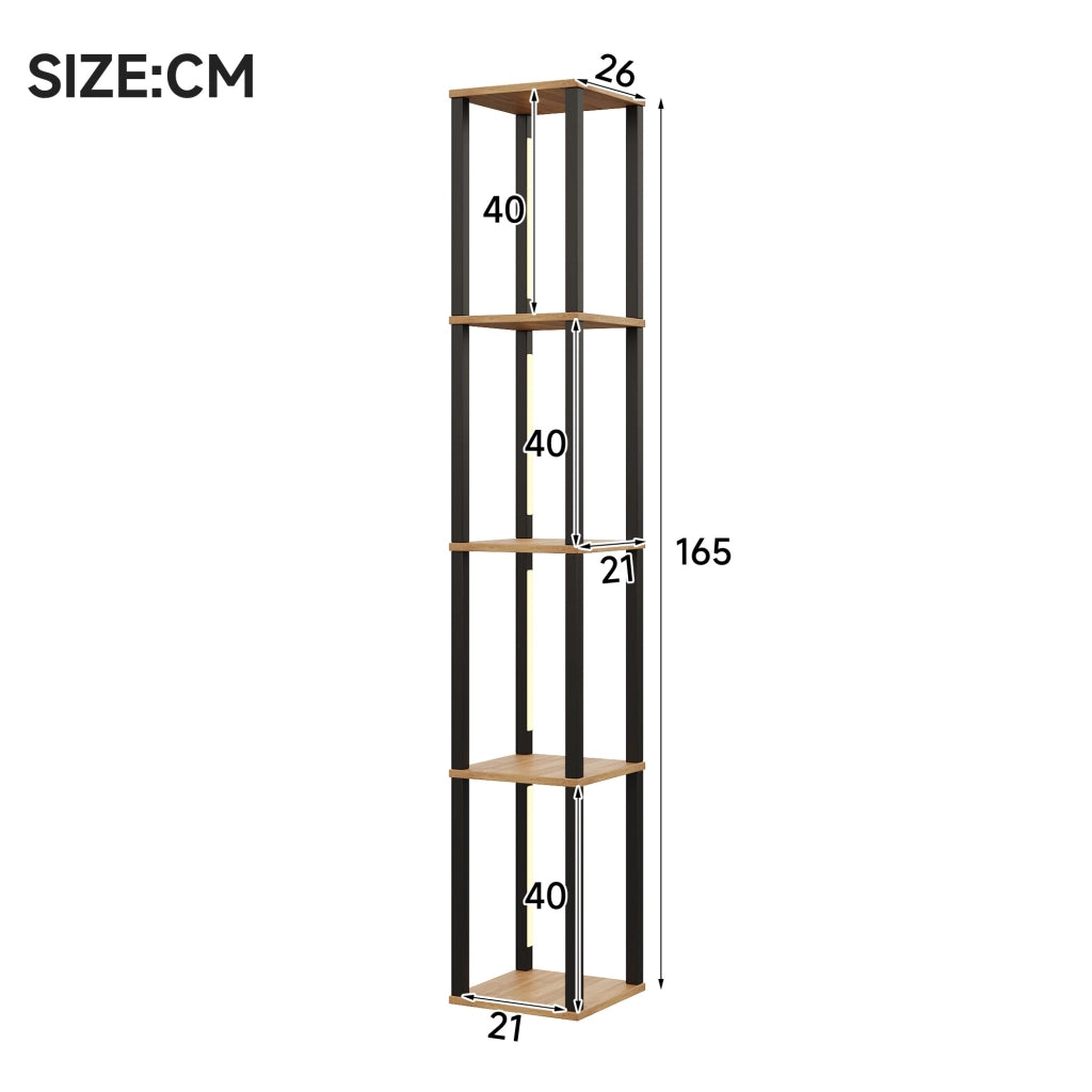 Scaffale a colonna LED 4 ripiani MDF nero e legno 26x26x165 cm