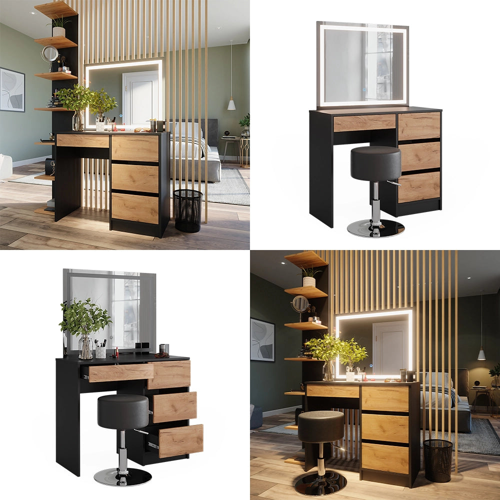Vicco Tavolino da toilette Antracite/quercia dorata 90 x 75 cm con specchio LED e sgabello