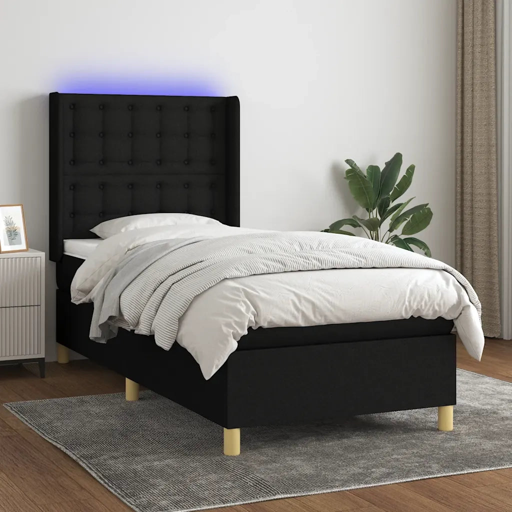 Letto singolo | Letto per adulti | Letto a Molle con Materasso e LED Nero 80x200 cm in Tessuto