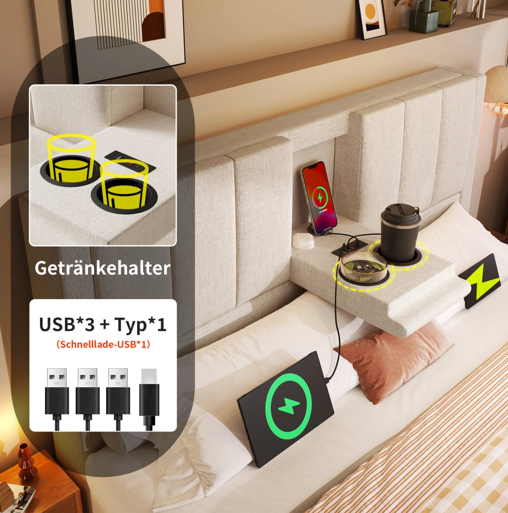 Letto imbottito 140x190 cm con contenitore e ricarica USB-C