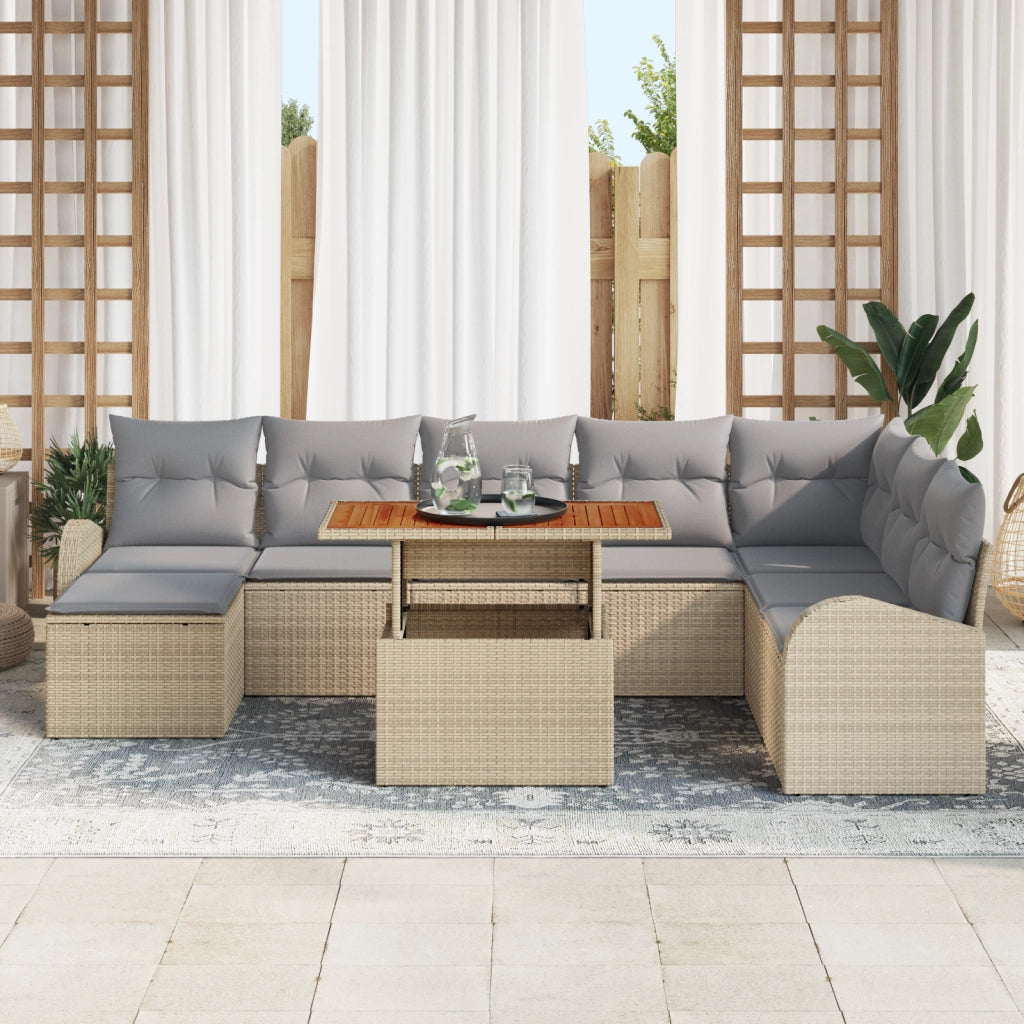 Set da pranzo da giardino con cuscini 9 pezzi beige polyrattan acacia