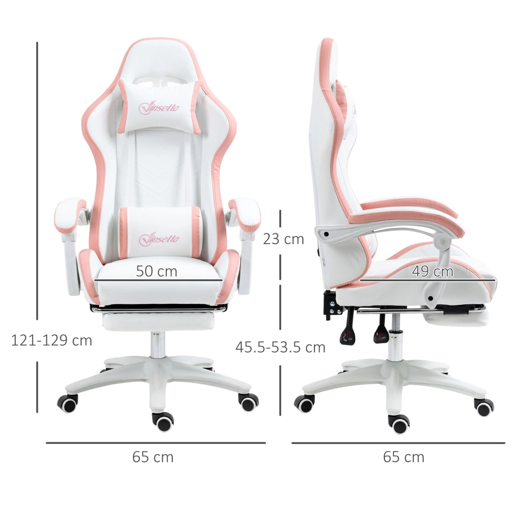 Sedia da Gaming con Altezza Regolabile e Schienale Reclinabile 135°, 65x65x121-129 cm, Bianco e Rosa