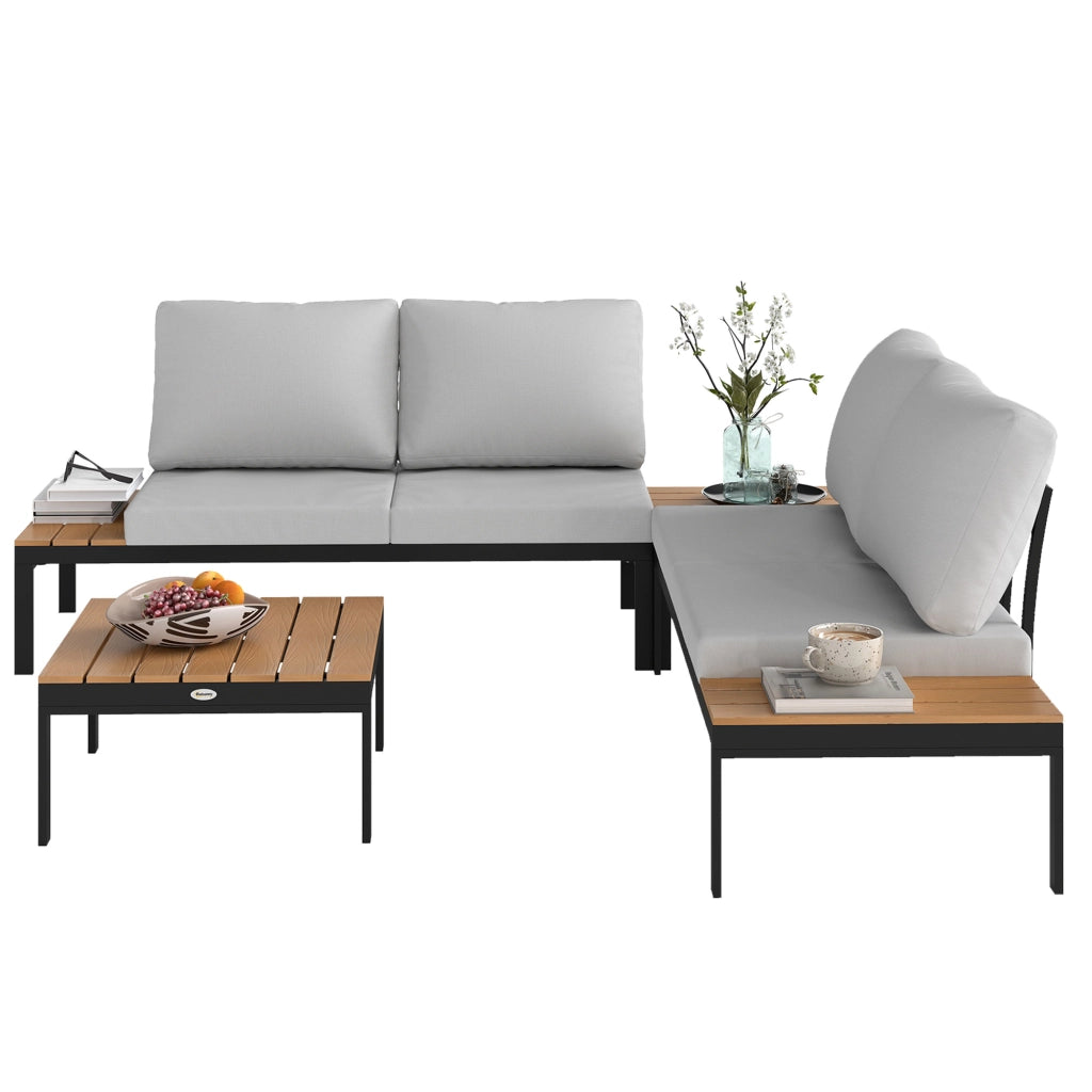 Set Giardino 4 Pezzi con 2 Divani 2 Posti e 2 Tavolini in Metallo e Legno ¨C Xylo ¨C Grigio Nero e Teak