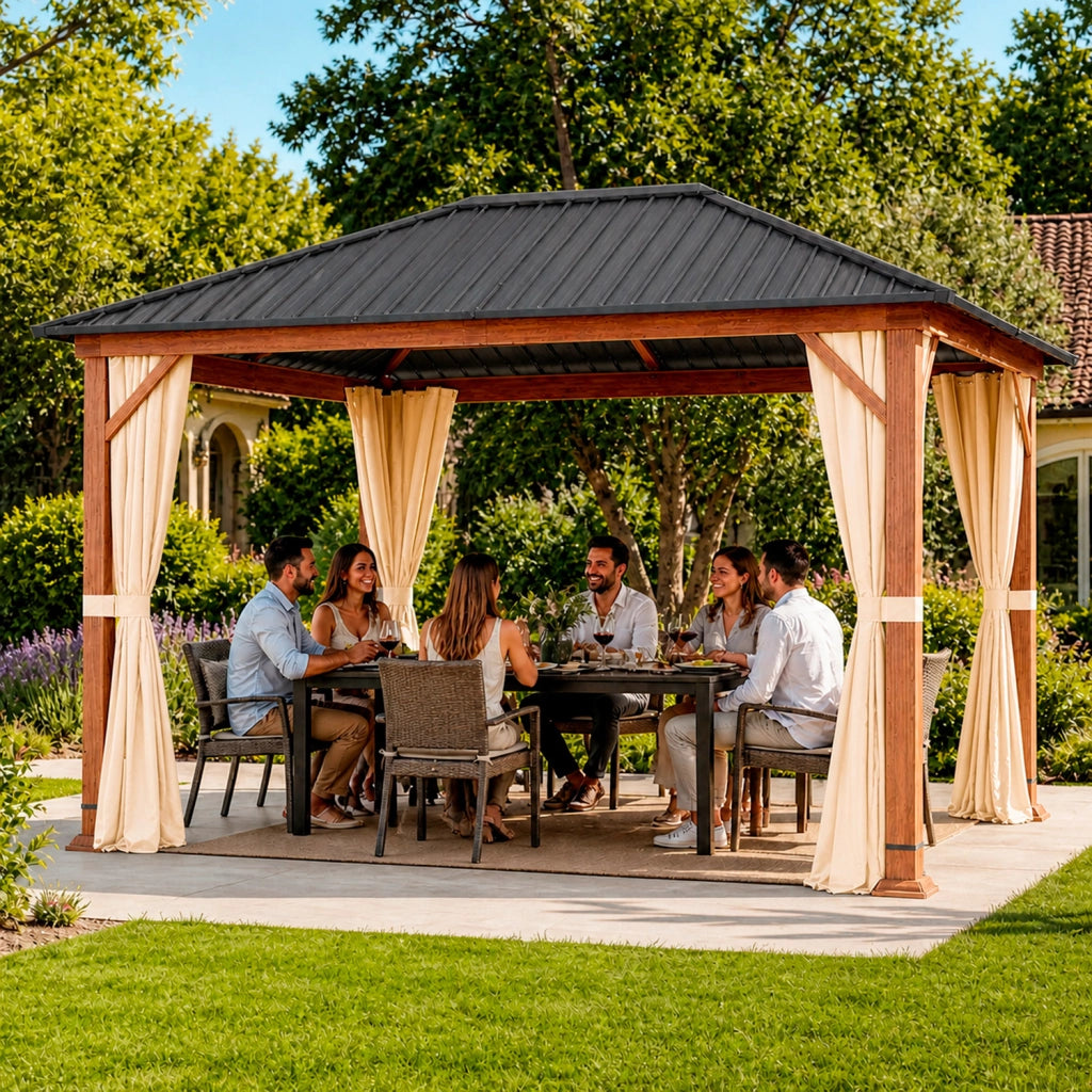Gazebo 3X4 Metri Per Giardino Con Tetto In Acciaio Zincato Struttura Effetto Legno Tende Laterali Impermeabile Per Outdoor Patio Terrazza 300 X 400 X 295 Cm Effetto Legno E Beige