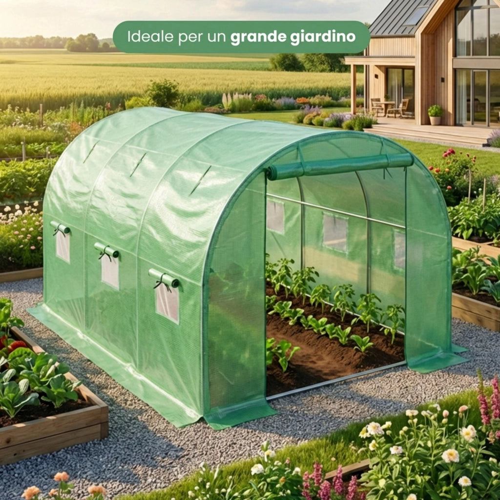 Serra da giardino a tunnel con struttura in metallo e telo in PE con pareti arrotolabili 1 porta 6 finestre Verde 200x300x200 cm