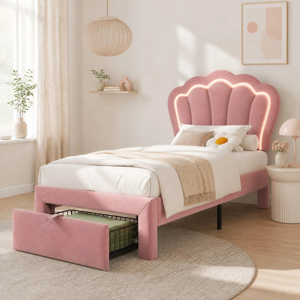 Letto imbottito con LED RGB, testiera regolabile e cassetto contenitore
