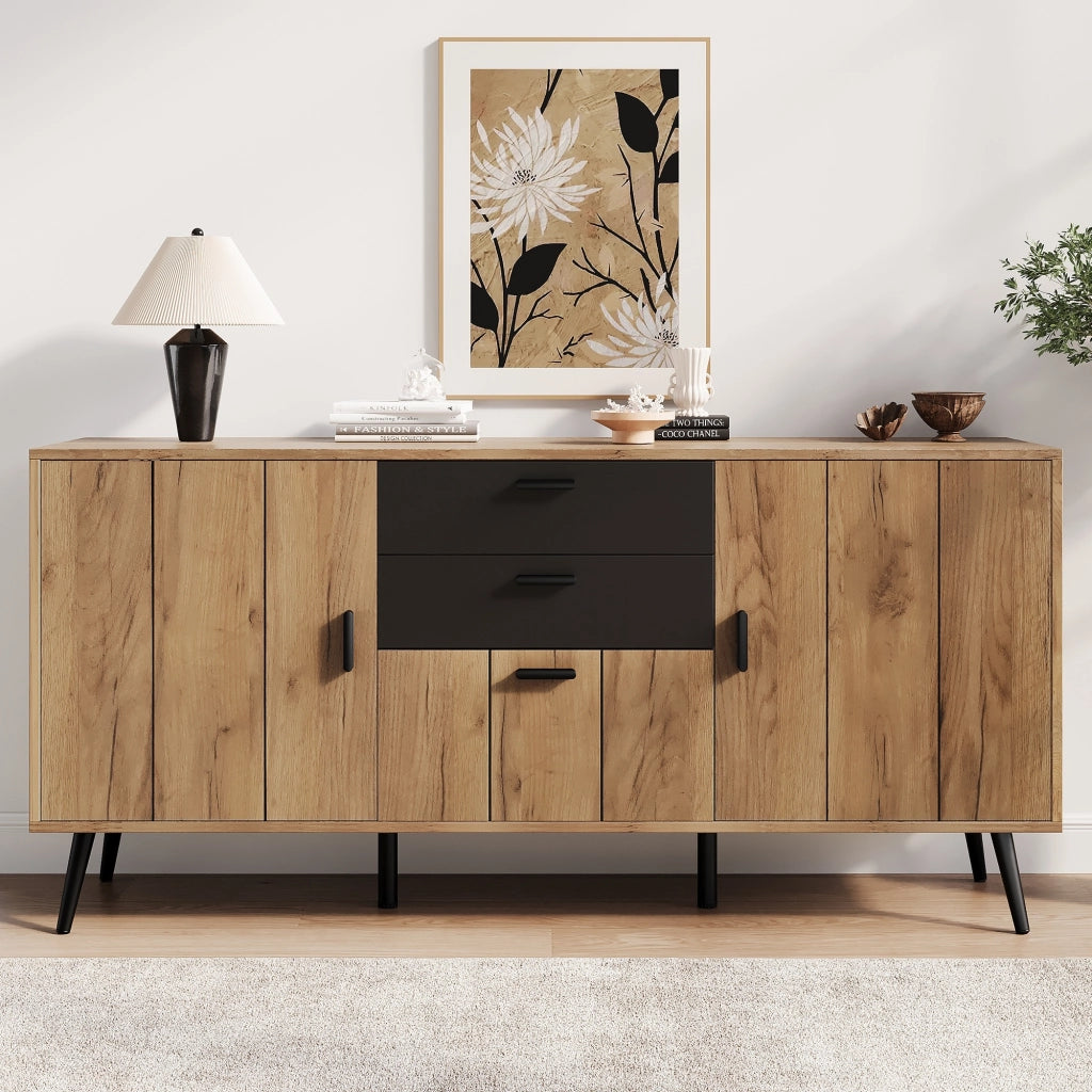 Credenza, mobile per la camera da letto, 2 cassetti, 3 ante, 140 x 35 x 67 cm, nero e naturale