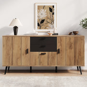 Credenza, mobile per la camera da letto, 2 cassetti, 3 ante, 140 x 35 x 67 cm, nero e naturale