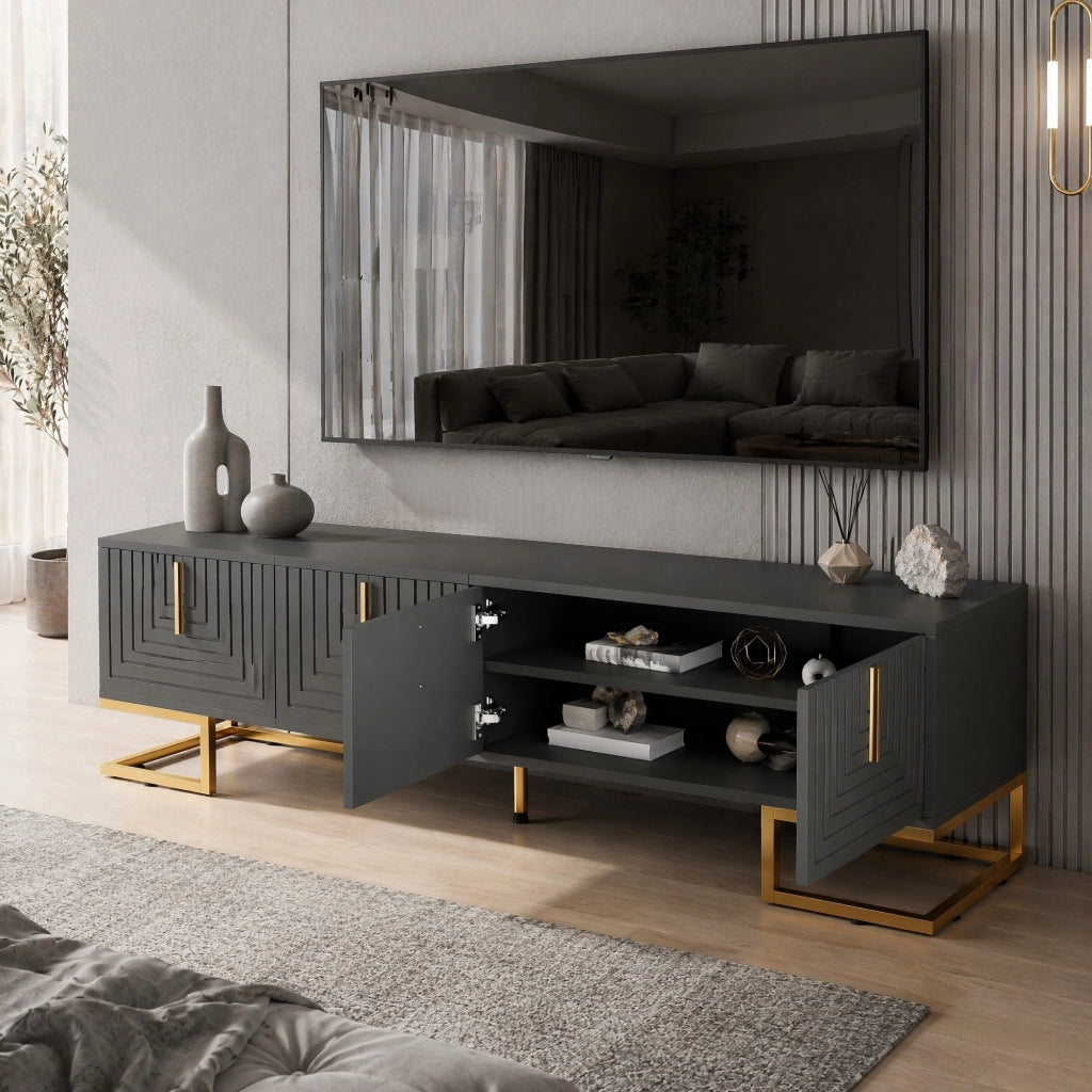 MOBILE TV 170 cm Grigio/Nero in truciolare con 4 ante e gambe dorate