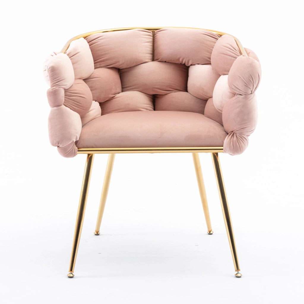 Sedia da trucco in velluto rosa con gambe in metallo dorato