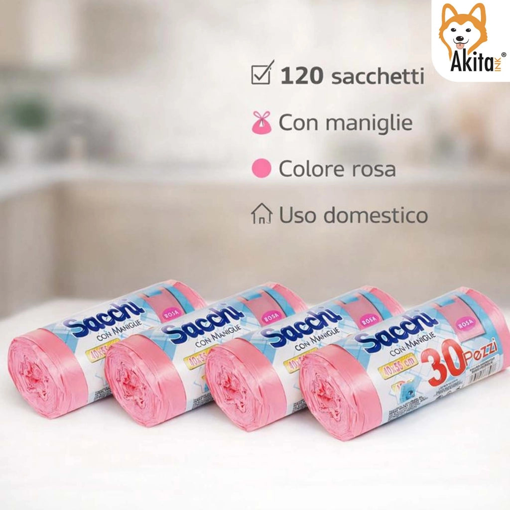 Akitaink 120 Sacchi Nettezza Antiforo Con Manici 40x55 cm Rosa