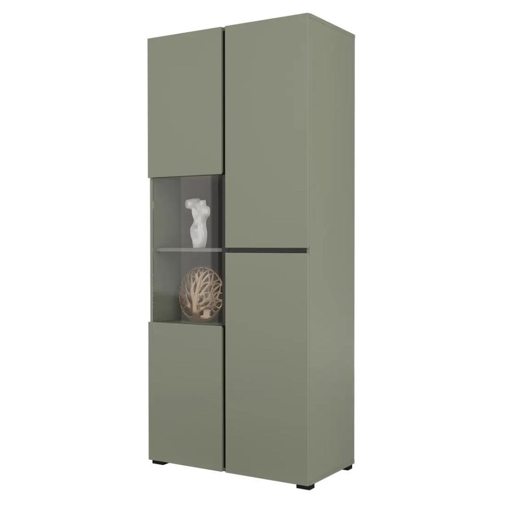 Vetrina alta 2 porte collezione HAVANA con LED integrato. Colori salvia e nero.