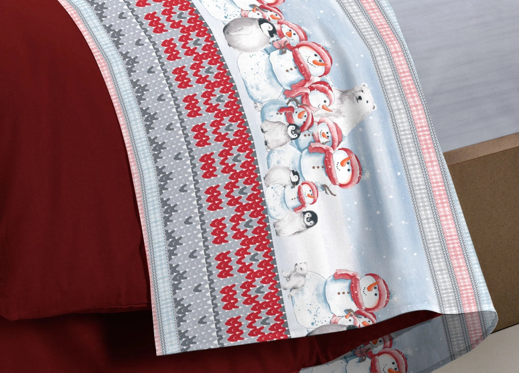 Completo Lenzuola Letto Pensieri Delicati 100% Cotone Dis. Inverno Polare - Piazza E Mezza - Rosso