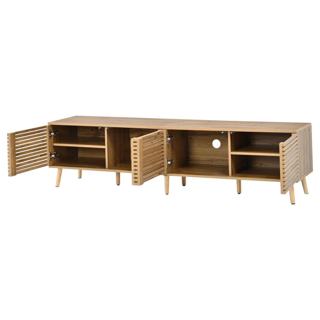 Mobile TV basso in legno naturale per TV fino a 75 pollici, con 4 ante a griglia, 180x40x46 cm