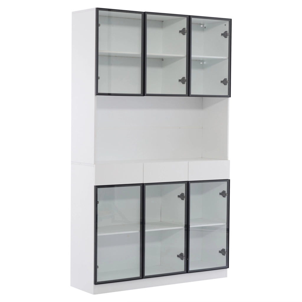 Vetrina con 6 ante; 3 cassetti e LED - per soggiorno - 120x30x200 cm - bianco