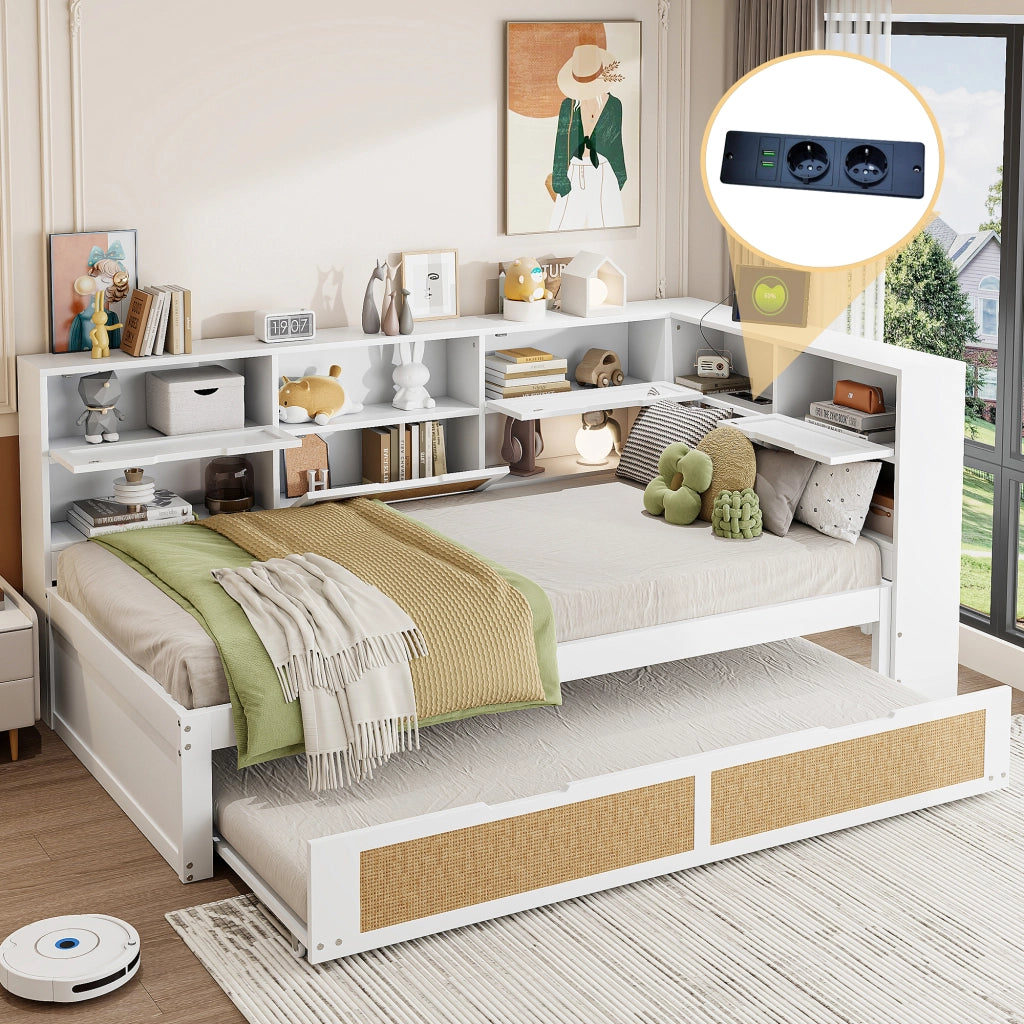 OKWISH Letto Divano 90×200 cm, Letto Singolo con Letto Estraibile 90×190 cm, USB, Prese e Contenitori, senza Materasso, in Legno, Bianco