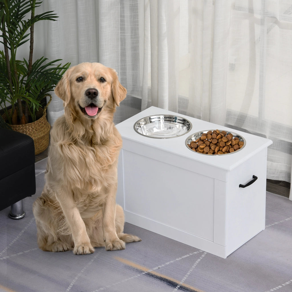 CIOTOLA RIALZATA PER CANI con 2 ciotole in acciaio, 60x30x41 cm, bianco
