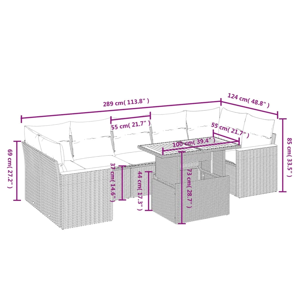 Set Divano da Giardino 8 pz con Cuscini Beige in Polyrattan