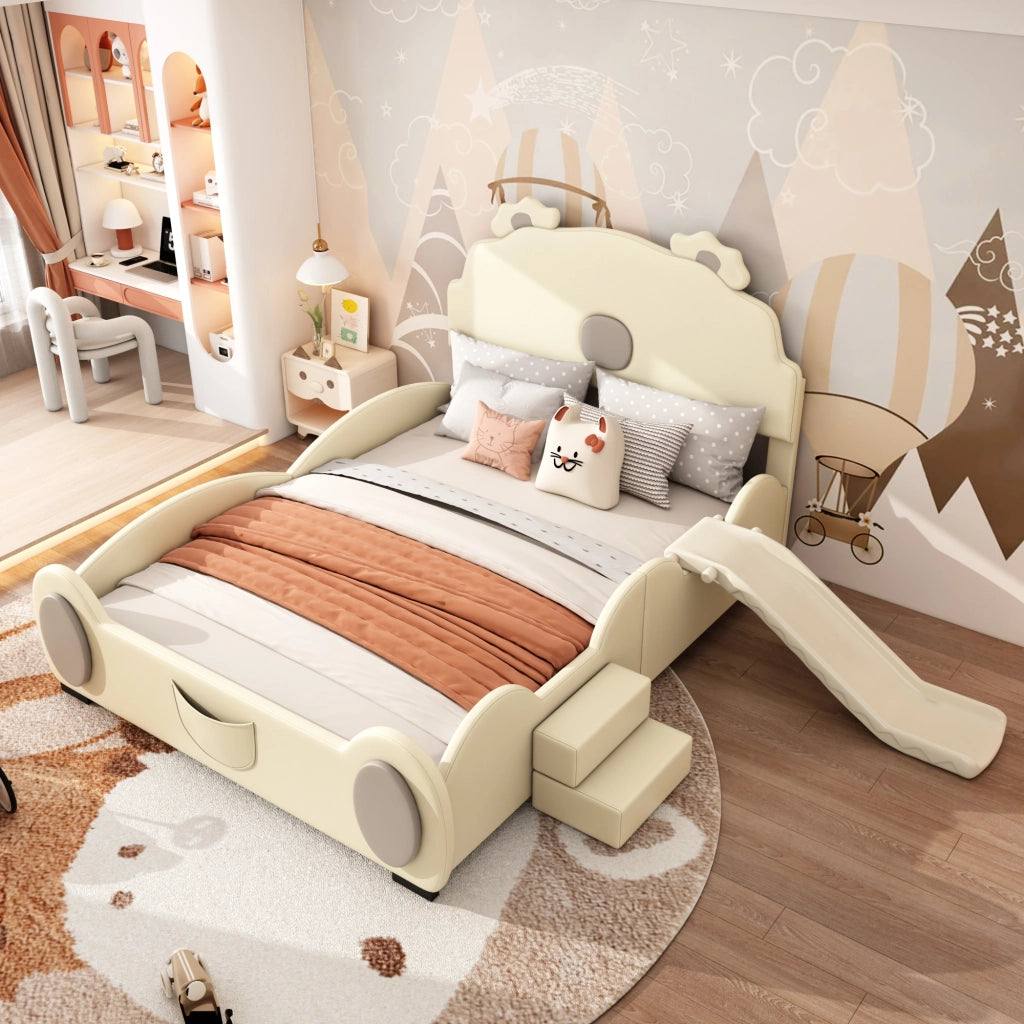 LETTO per bambini 140x200 cm PU Beige con scivolo e scala