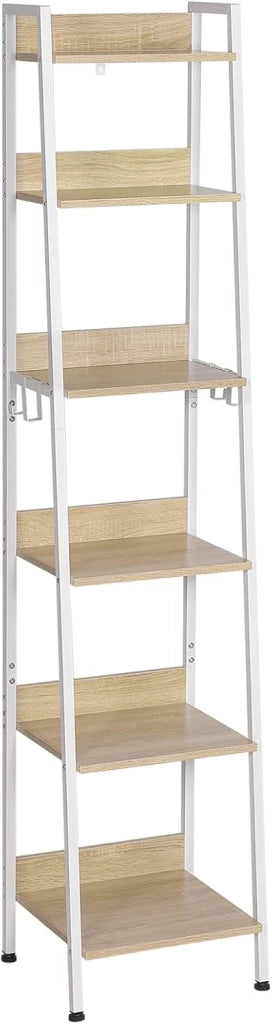 Libreria a 6 Ripiani, Scaffale con 4 Ganci Industriale, Scaffale a Scala in MDF e Metallo per Soggiorno, Cucina, Studio, Ufficio,Bianco, 41x36x187cm RGB30whe