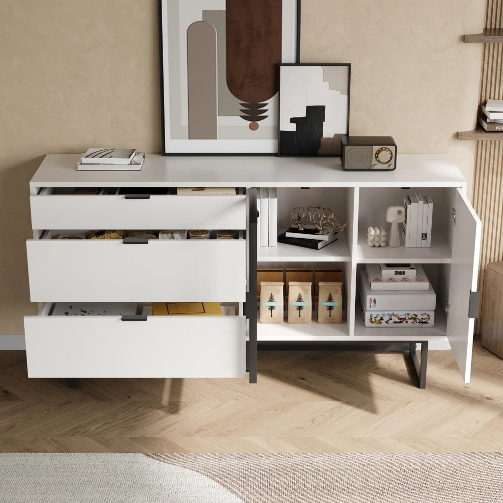 Sideboard moderno bianco 160x36x78 cm con LED; vetrina e tre cassetti