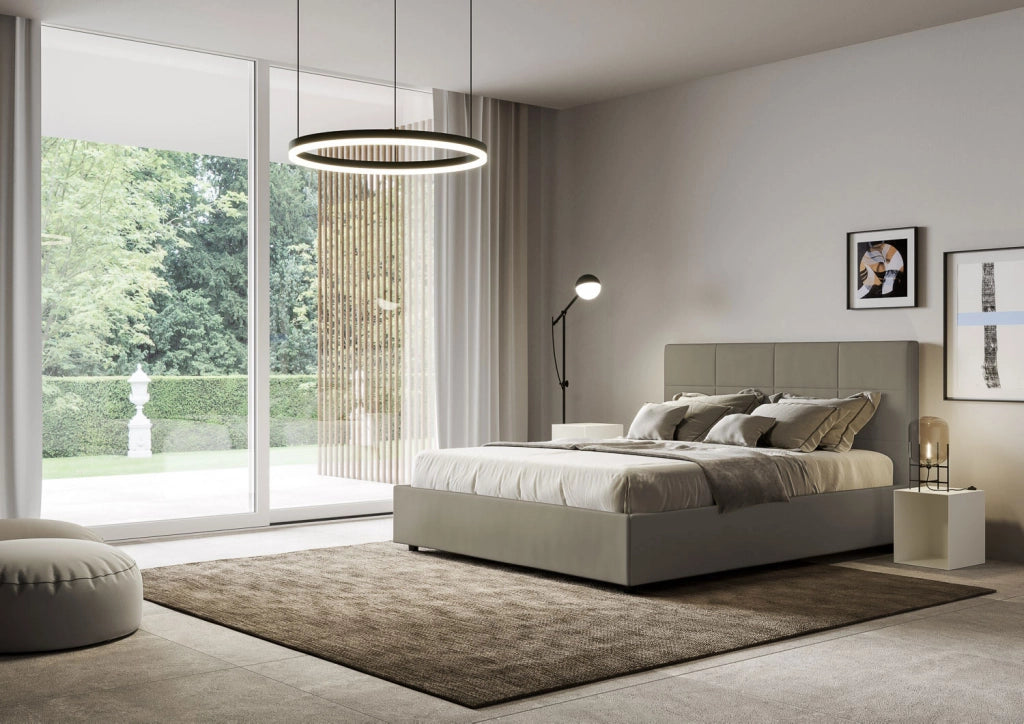 Letto Matrimoniale 160x210 cm con Rete e Contenitore con Alzata Comoda Imbottito in Similpelle Mika Cappuccino