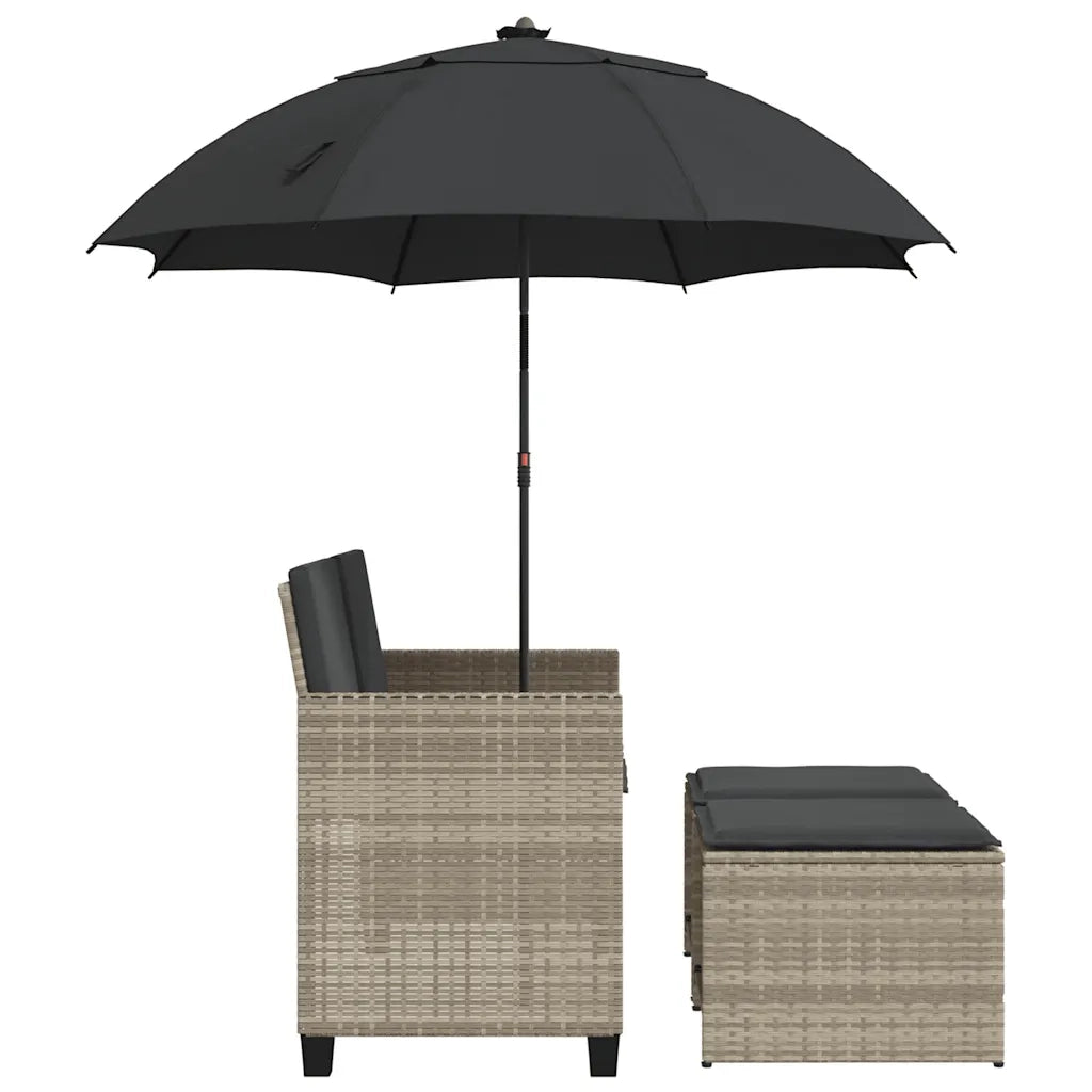 Divano 2 Posti-Sofa 2 Posti Ombrellone e Sgabelli Grigio Chiaro Polyrattan
