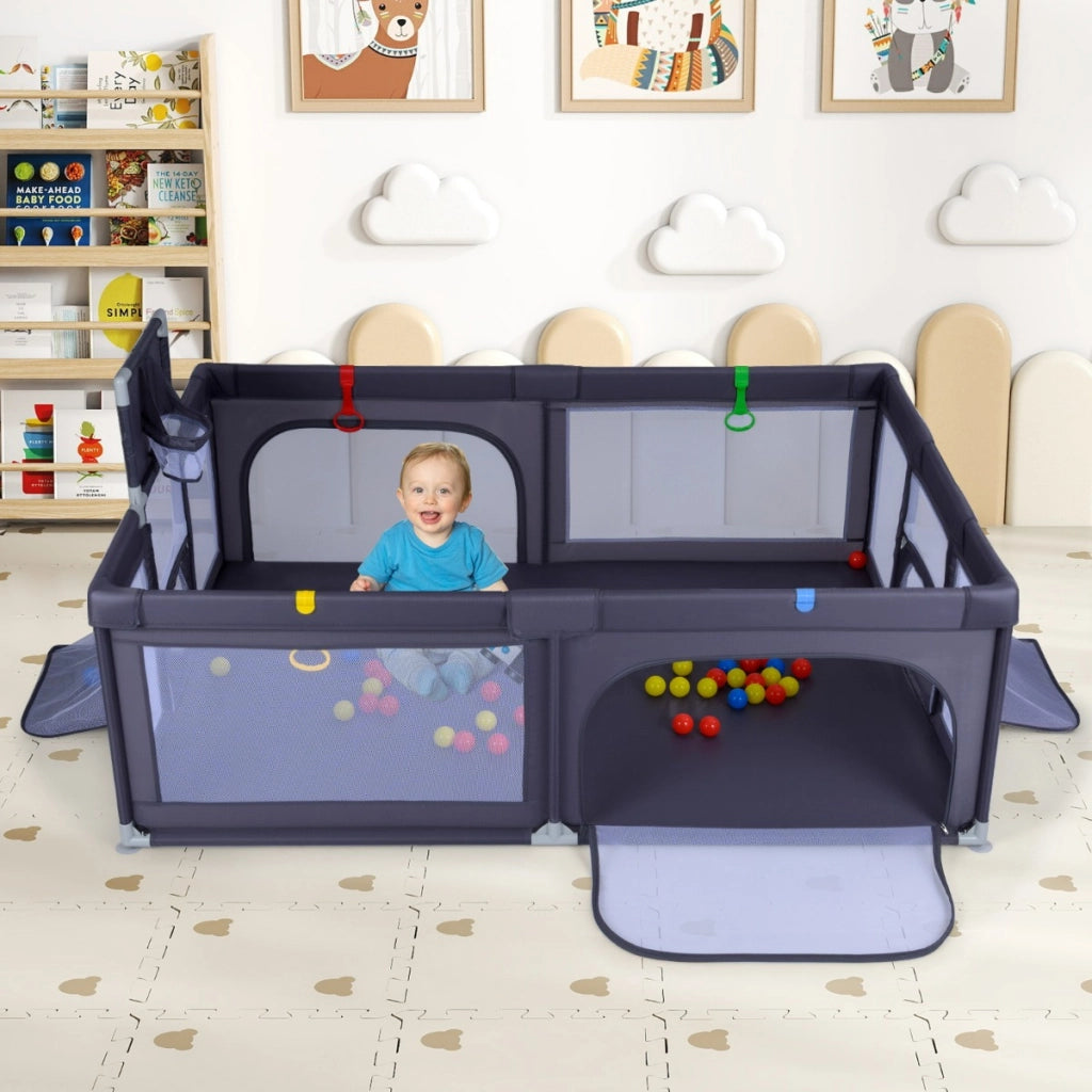 Area giochi sicura con canestro da basket e palline oceaniche-Recinto giochi grande per bambini Grigio scuro