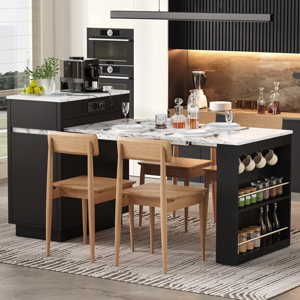 Tavolo da pranzo con LED; presa USB; ripiani e cassetti - per cucina e soggiorno - in MDF - nero