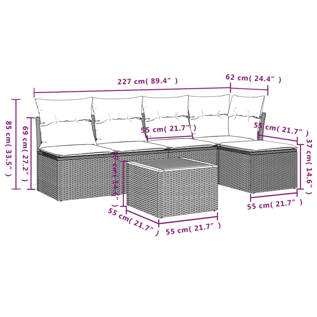 Set Divano da Giardino 6 pz con Cuscini Beige in Polyrattan