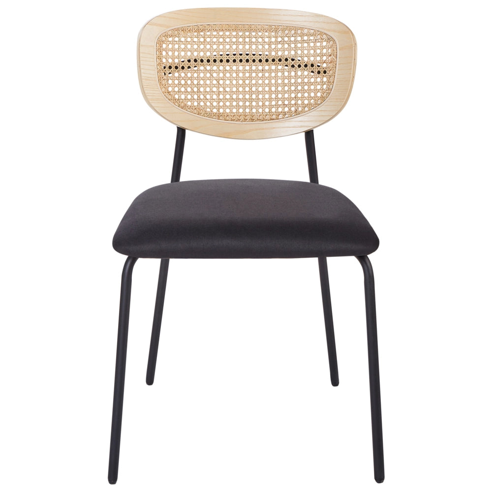 Set di 2 sedie da pranzo Rivestimento in poliestere nero Schienale in rattan naturale a treccia viennese Gambe in metallo nero Sgabelli senza braccioli